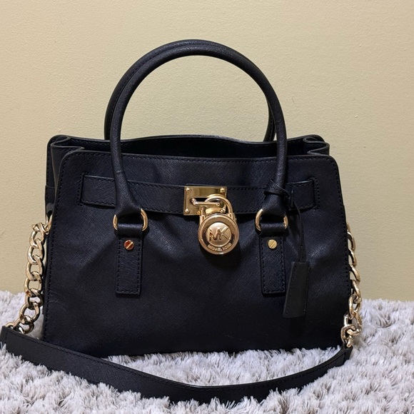 Michael Kors Handbags - Michael Kors Hamilton leather satchel in black with gold-tone hardware.